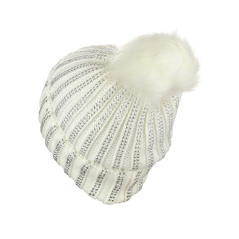 D&Y Warm Knit Cuffed Beanie with Studs and Faux Fur