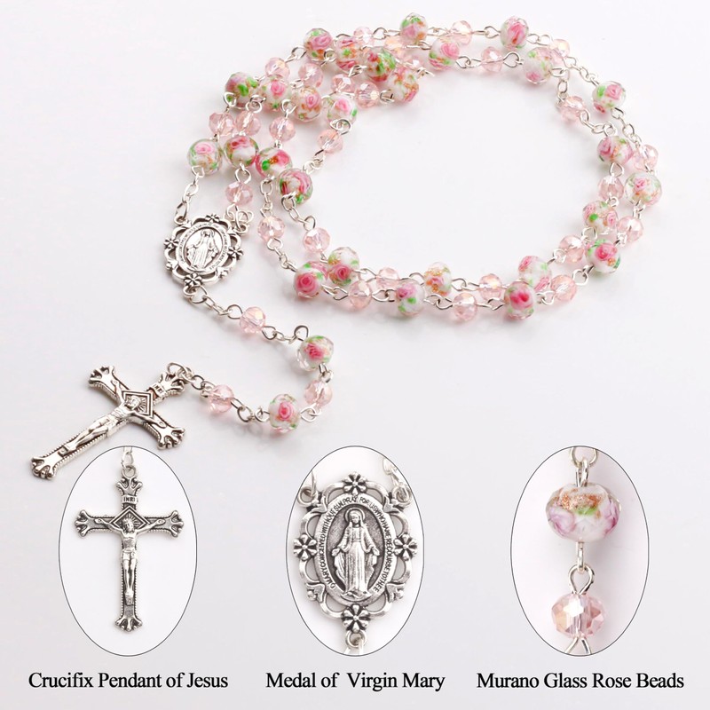 HELLOWIN 8mm Pink Murano Rose Beads Catholic Virgin Mary Rosary