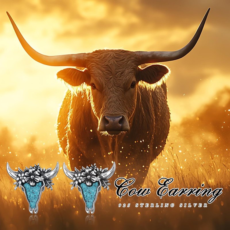 925 Sterling Silver Western Turquoise Cow Skull Stud Earrings for