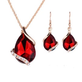 IzuBizu London Womens 18CT Gold Plated Colour Gold Red Tear Drop Shape Necklace and Earrings Jewellery Set Anniversary Wedding Birthday Mother's Day