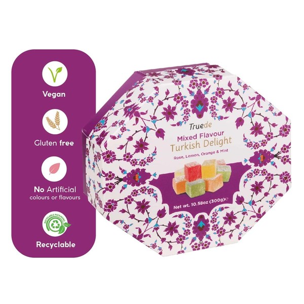 Truede Mixed Flavour Turkish Delight (300g) - Hand-Made, Dusted Rose, Lemon, Orange and Mint Turkish Delight