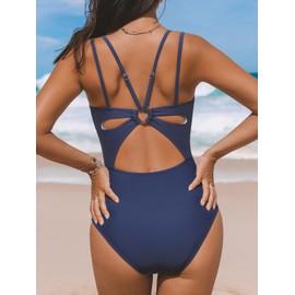 CUPSHE Women's One Piece Swimsuit V Neck Tummy Control Double Adjustable Straps Back Cutout O-Ring, M Indigo Blue