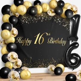 Happy 16th Birthday Balloons Black Set Decor - Cheers to 16 Years Old Party Theme Garland Banner Backdrop Decorations For Boy and Girl Supplies