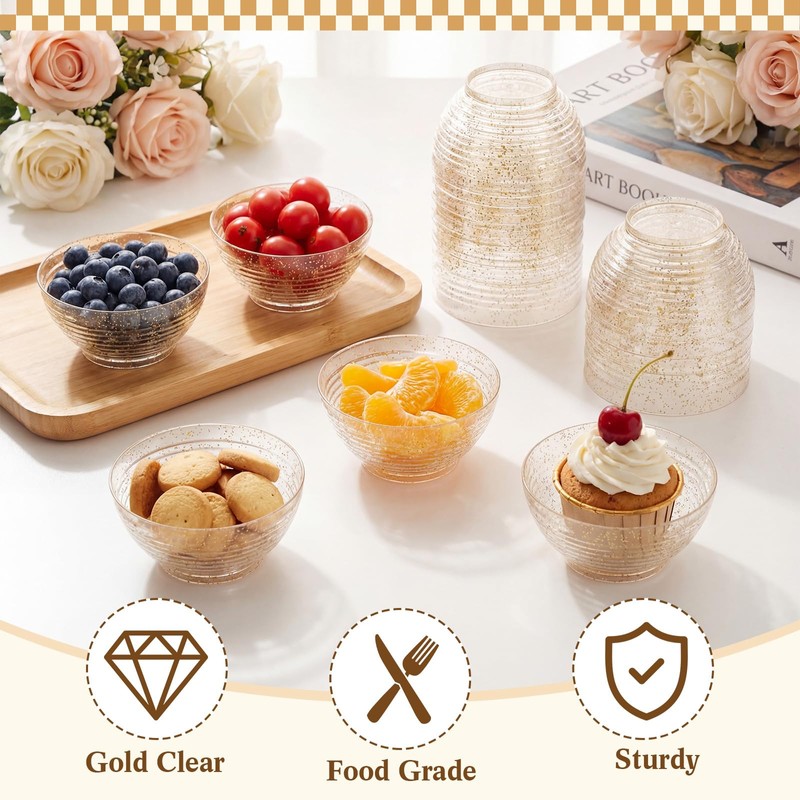 Newtay 100 Pack Gold Glitter Plastic Bowls 3oz Mini Disposable