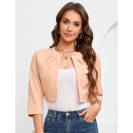 KOJOOIN Women's Bolero Short Elegant Cardigan 3/4 Sleeve Shoulder Jacket Festive Blazer (Reusable Packaging), apricot, M