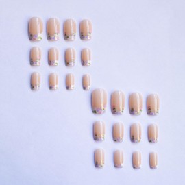 24Pcs Flower French Tip Press on Nails Short Square Fake Nails with Designs Reusable Spring Summer Floral Acrylic Nails Glue on Nails Nude Glossy False Nails Cute Flowers Stick on Nails for Women
