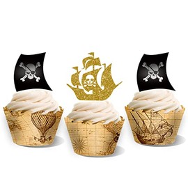 Pirate Ship Theme Party Supplies,Pirate Cupcake Toppers+Vintage Map Cupcake,24PCS