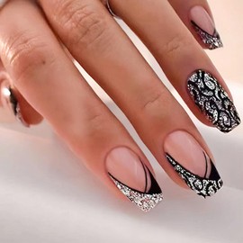 Mkwntg French Tip Press on Nails Medium Fake Nails Black Glitter Glue on Nails Luxury Glossy Bling Acrylic Nails Reusable Full Cover Stick on Nails for Women Girls Manicure Nail Decorations 24Pcs