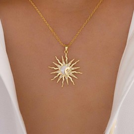 Allereya Vintage Crystal Sun Necklace Mother of Pearl Sun Necklace Gold Sunshine Necklace CZ Sunburst Necklace Sun Moon Necklace Jewellery for Women, Zinc, No Gemstone