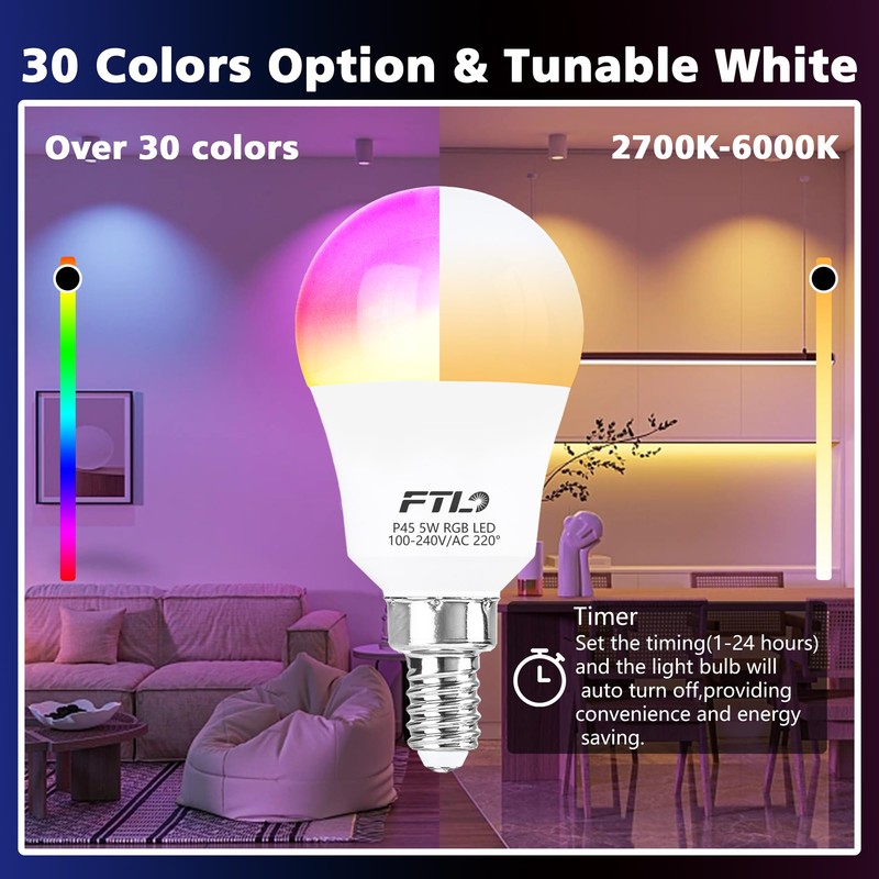 FTL E12 LED Light Bulb Color Changing, 5W 40W Equivalent