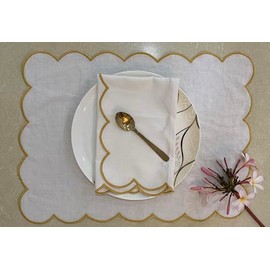 Cotton Linen Scallop Edge Placemats Set of 4, Woven Placemats for Dining Room Table Decor, Washable Cloth Table Mats for Kitchen, Living Room, Wedding, Party, Home Decor, 14" x 18" (Yellow)