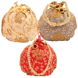 Touchstone Traditional Indian Hand Embroidered Floral Motif Shopping Gifts Jewellery Wedding Sweet Distribution Faux Pearls Strings Drawstring Fancy Cream Grey Red Colour Bag Set of 3 for Women