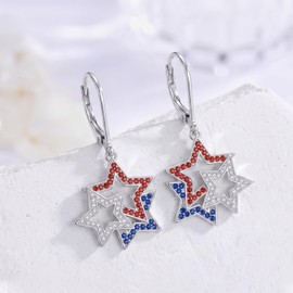 XPYPZP Patriotic Red White Blue Dangle Drop Earrings for Women Double Star American Flag Leverback Earrings 4th of July Independence Day Jewelry Memorial Day Veterans Gifts