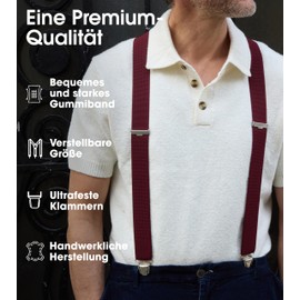 Pierrot Braces for Men Wide Made in Germany / France - Ultra Strong Elastic Band & 4 Extra Strong X-Clips - Adjustable Length up to 130 cm - Lifetime Guarantee, Red clasp, Unit size