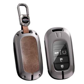 ontto Metal Leather Car Key Fob Cover Fit for Honda 2022-2025 Accord Civic HR-V CR-V Pilot Sport SI EX EX-L Touring Key Holder case keyring Shell bag keychain auto styling accessories Brown 1