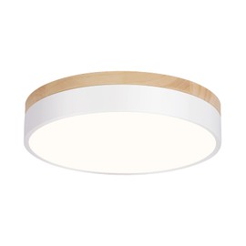 WOKNOS Modern Dimmable LED Close to Ceiling Light Minimalist Wood Oak Flush Mount Ceiling Light Fixture with Lampshade for Bedroom Living Room Bathroom Laundry Room (White-Dimmable, 11.8''/30cm)