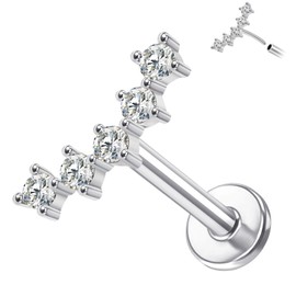 Designfy 14K White Gold Threadless Conch Earrings, Gold Threadless Cartilage Earrings Stud for Women 16g Flat Back Upper Helix Earrings Push in Tragus Earrings 8mm, White Gold, Cubic Zirconia