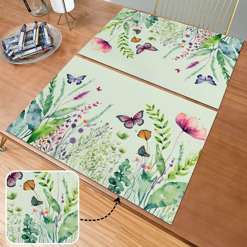 Vinyl Butterfly Floral Green Placemats - Set of 4, Heat