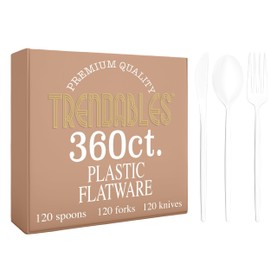 White Plastic Forks and Spoons 360 Pack Disposable Silverware Set - Plastic Cutlery Set Includes 3 x 120 - Forks Silverware - Plastic Spoons - Plastic Knives - Plastic Utensils Set by Trendables