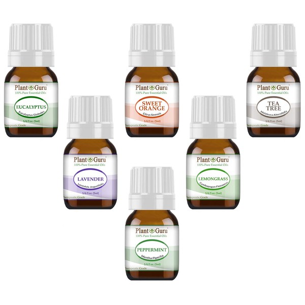 Essential Oil Variety Set Kit - 6 Pack - 100% Pure Therapeutic Grade 5 ml. Set Includes- (Peppermint, Lavender, Sweet Orange, Lemongrass, Eucalyptus & Tea Tree)