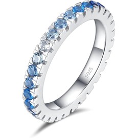 925 Sterling Silver Eternity Ring with Blue Crystals - Women's Ring Highly Polished Sapphire and Turquoise Blue Tones - Elegant Stacking Ring, Sterling Silver