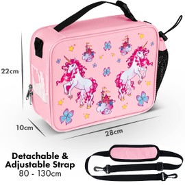 HeavenlyUnicorns Insulated Pink Unicorn Kids Lunch Bag for Girls Child with Bottle Holder, Carry Handle & Shoulder Strap, Kids Lunch Box Snack Box Thermal Cooler Bag for School Picnic Outdoor or Work