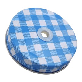 Sunshine Mason Co. Glass Mason Jar Drinking Mug set with handle, Blue Gingham lids and White Straws, Set of 6