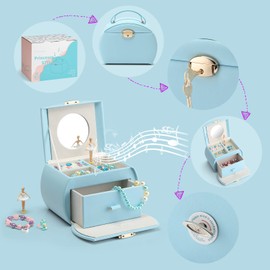 Vlando Half Moon Music Box Leather Jewelry Storage Box Bracelet Necklace Ring Storage Organizer Best Birthday Christmas New Year Gift for Daughter (5-Blue)