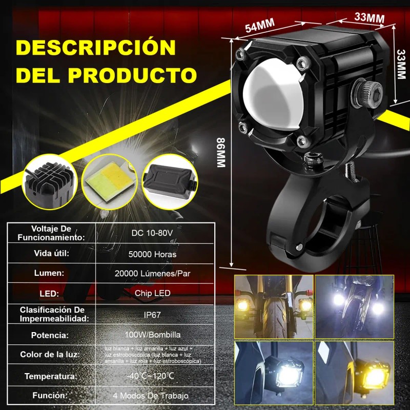 2 Faros Luces Led Auxiliares 4 Modos Lupa Para Moto
