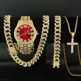 Set of 4, Men'S Watch Collection, Men'S Cuban Necklace and Bracelet Set, Holiday Gifts for Men and Women, Christmas PresentsColor: Golden Red