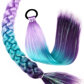 Ponytail Extension 18 inch Violet Purple to Dark Blue to Dark Purple Colored Hair Extensions for Braiding Ombre Pony Tail Hair Extensions for Braids with Hair Tie Rave Crazy Hair Day 1 Pack