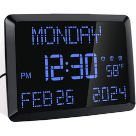 ROCAM Wanduhr Digital, 11,5" großes Display Kalender Wecker Tagesuhr mit Datum und von Woche, Temperatur, 2 USB-Ladegeräte, 3 Alarme, 12/24H für Büro, Wohnzimmer, Schlafzimmer, ältere Menschen