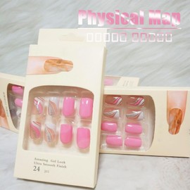 Pink Press on Nails Short Square Shape with Sparkly Curve Line Design, Glossy Silver Glitter Acrylic False Nails Stick on Nails for Women Girls, Shine Fake Nails Gel Glue on Nails for Daily Party Wear