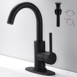 FROPO Black Bathroom Faucet | Matte Black Vanity Faucets with Pop-Up Drain, Modern Single Hole Bathroom Sink Faucets with Deck Plate Single Handle Lavatory Faucet 360° Swivel Spout Bar Sink Faucet