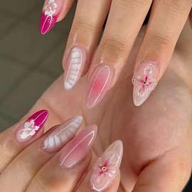 Flower Almond Press on Nails Medium Fake Nails with White 3D Floral Rhinestone Designs Blush Nails Press ons Nude French Acrylic Nails Fall Glue on Nails Artificial Stick on Nails for Women 24Pcs
