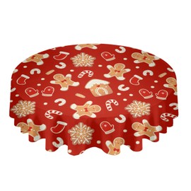 Christmas Round Tablecloth 60 Inch Gingerbread Man Snowflake Waterproof Oil-Proof Table Cloth Candy Cane Glove Kitchen Spillproof Oilcloths Table Cover