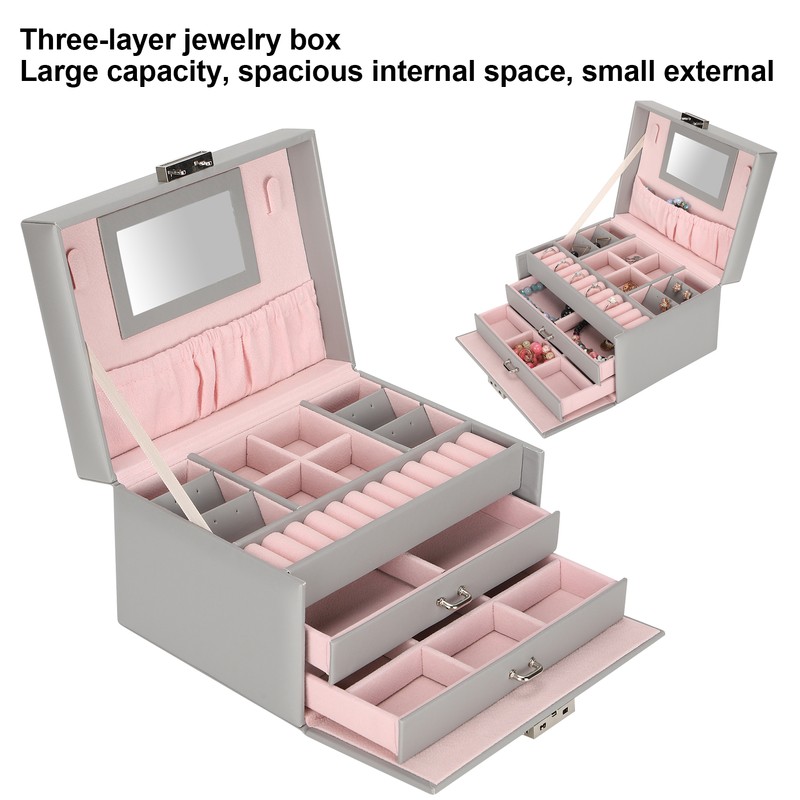 Three Layer Jewelry Storage Box PU Leather Necklace Rings Earrings