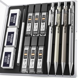 Nicpro 4 Pack Mechanical Pencil 0.5 mm with Case, MB1000 Metal Mechanical Pencil Set with 6 Tube HB #2 Lead Refill 0.5mm, 3PCS 4B Eraser, 9 Cap Eraser for Artist Drafting Writing, Sketching, Drawing