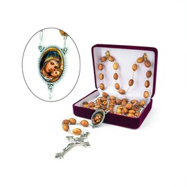 Madonna & Son, Wooden Catholic Rosary Necklace from Israel, Olive Wood Rosary Beads with Icon Portrait & Crucifix Cross Pendant, Confirmation & Communion Rosaries for Men & Women