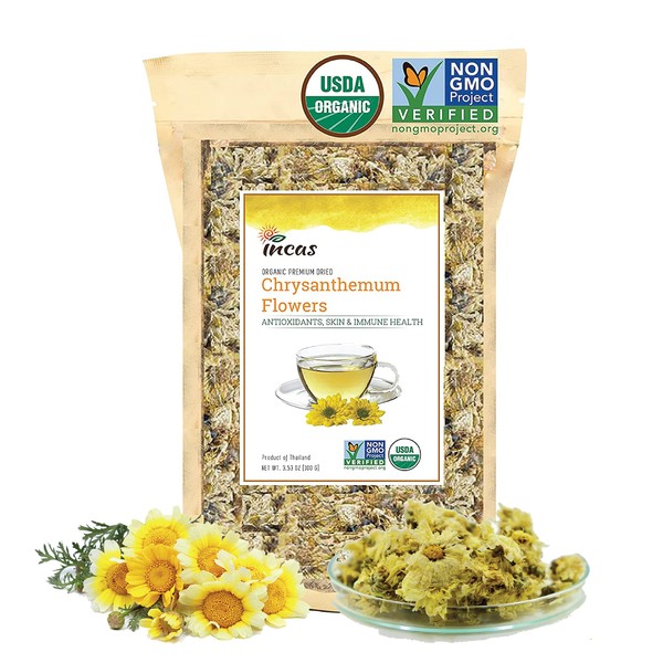 INCAS 100% USDA Organic Chrysanthemum Tea 3.53 oz (100 g) Non GMO Verified Dried Chrysantheum Flowers Caffeine Free Gluten Free Vegan Rich in Antioxidants Sourced from Thailand