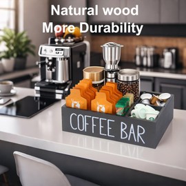 Coffee Station Organizer with Removable Dividers Disposable Coffee Cup Holder Wooden Countertop Organizer for Coffee Condiment Accessories Storage Farmhouse Coffee Bar Decor Black