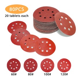 Xcdhemde® Pack of 80 Sandpaper 125 mm Velcro, Sanding Discs Professional 8 Holes Round, Sanding Sheets for Random Orbital Sanders, 20 x Grit 60/80/100/120, for Sanding, Polishing, Descaling