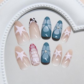 LWTZLW Leopard French Tip Press on Nails French Tip Medium Almond False Nails White Star Full Cover Glue on Nail Color Oval Acrylic Fake Nails Glossy Flower Artificial Nails Reusable for Women