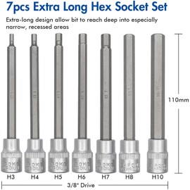 DAKCOS 7-Piece Long Hexagonal Socket Set 3/8 Inch Hex Bit Socket Set H3 H4 H5 H6 H7 H8 H10 Nuts from CR-V Bit from S2