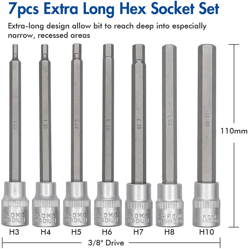DAKCOS 7-Piece Long Hexagonal Socket Set 3/8 Inch Hex Bit