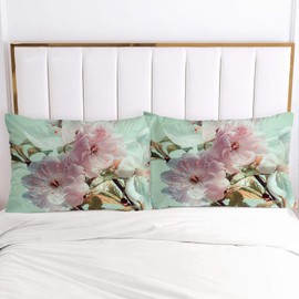 Luowei Floral Bed Linen 135 x 200 cm Green Pink Vintage Flowers Duvet Cover and 1 Pillowcase 80 x 80 cm Soft Microfibre Floral Bed Linen Set for Single Bed