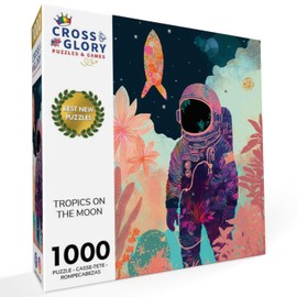 Cross & Glory - Tropics on The Moon - 1000 Piece Jigsaw Puzzle for Adults | Stunning Artwork of Astronaut and Tropical Plants on The Moon | Challenging Puzzle for Space Lovers Pieces