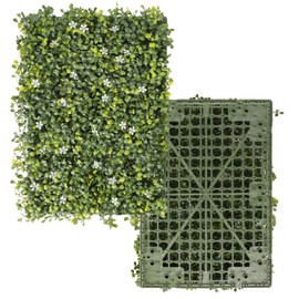 E&K 18"x12" Artificial Plant Panels 6 PCS with Single Side White Flowers Panels Hard Back Faux Leaf Greenery Grass Wall Decoration for Indoor Outdoor