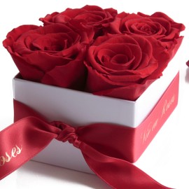 ROSEMARIE SCHULZ Heidelberg Preserved Roses - Flowers Shelf Life 3 Years - Preserved Flower Box in White with Satin Ribbon in Red and Gold Lettering La Vie en Roses / Give Flowers (Red)