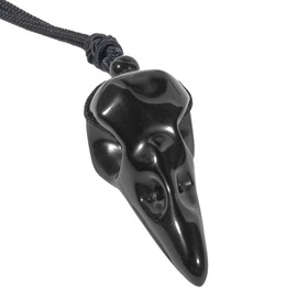 Loveliome Natural Crystal Stone Raven Skull Pendant Necklace Hand Carved Crow Head Charm with Adjustable Cord, Black Obsidian
